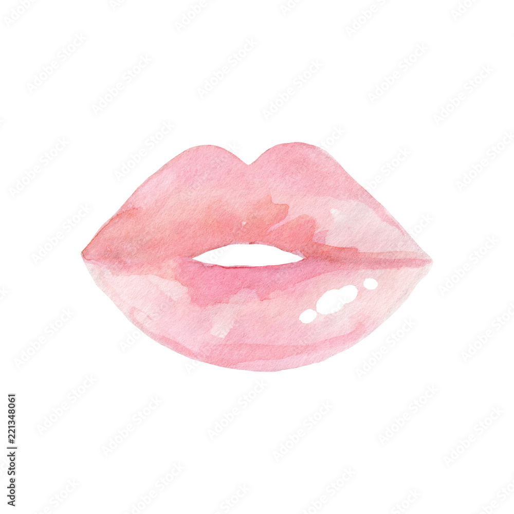 Fototapeta Women's lips. Hand drawn watercolor lips isolated on white background. Fashion and beauty illustration. Sexy kiss. Design for beauty salon, make-up studio, makeup artist, meeting website.