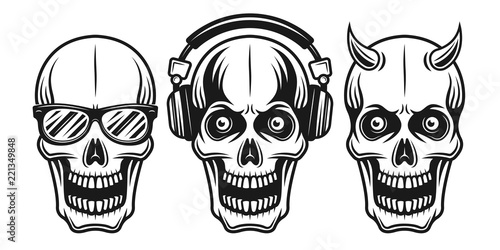 Vector skulls with sunglasses, headphones, horned © Flat_Enot