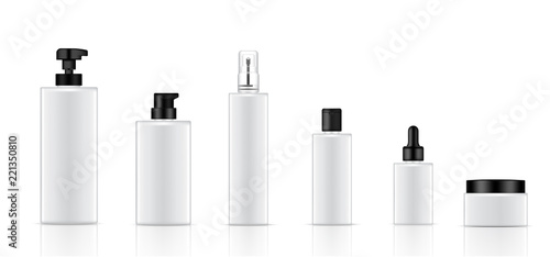 Mock up Realistic White Cosmetic Soap, Shampoo, Cream, Oil Dropper and Spray Bottles Set for Skincare Product with Black Cap on white Background Illustration