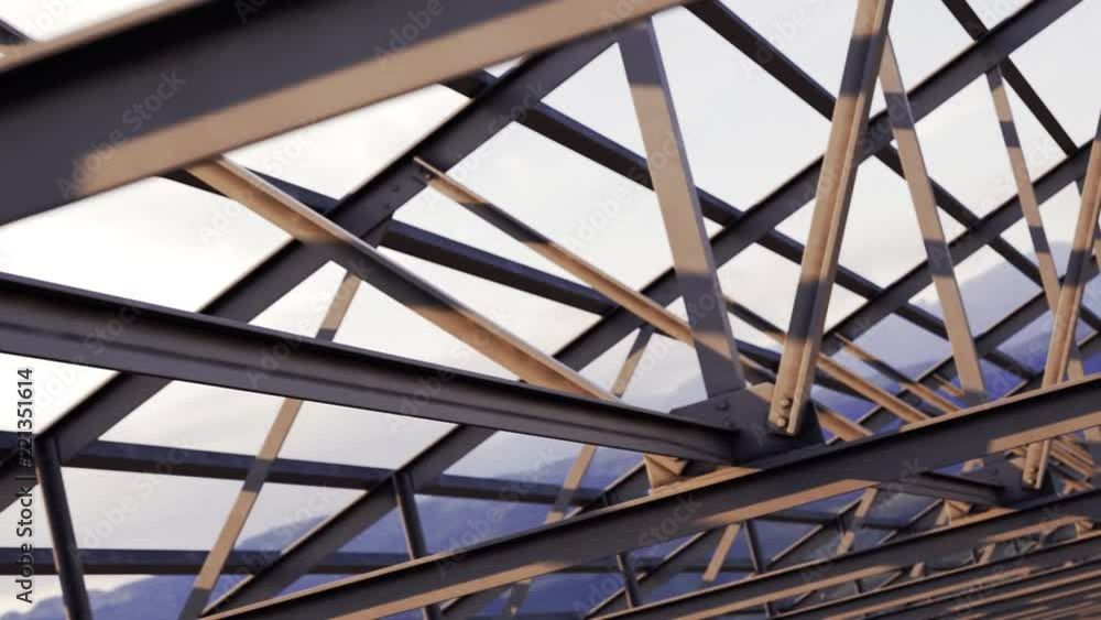 Loopable steel roof truss on a cloudy sky background. Construction building