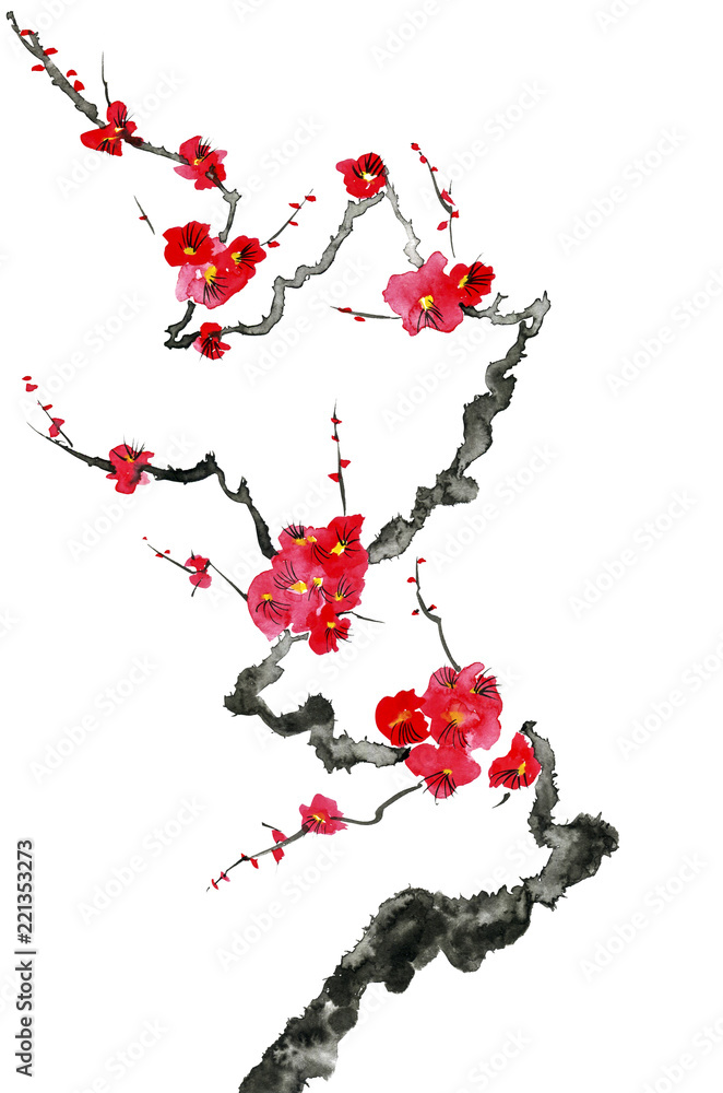 Fototapeta premium A branch of a blossoming tree. Pink and red stylized flowers of plum mei, wild apricots and sakura . Watercolor and ink illustration in style sumi-e, u-sin. Oriental traditional painting.