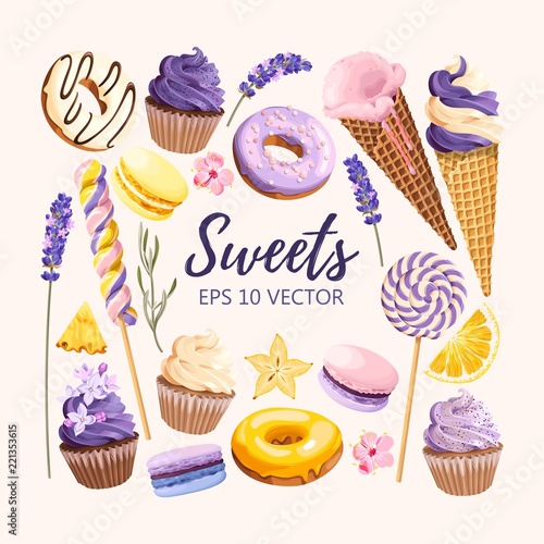 Set of delicious fruit sweets and desserts