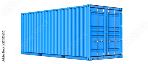 Blue cargo container shipping freight twenty feet. For logistics and see transportation. 3d Illustration, Isolated on white background. photo