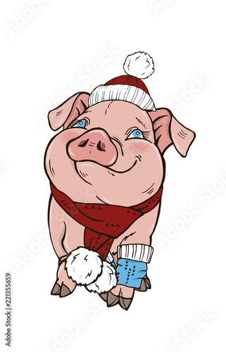 Pig in winter clothes hat and scarf  vector illustration