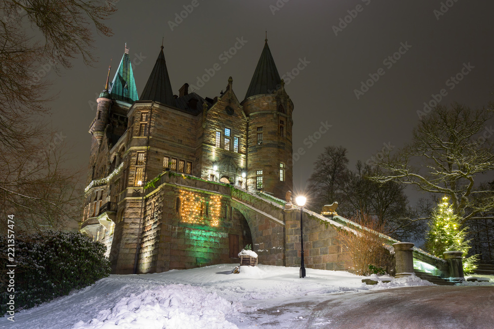 Teleborg Castle at snowy night in Vaxjo, Sweden