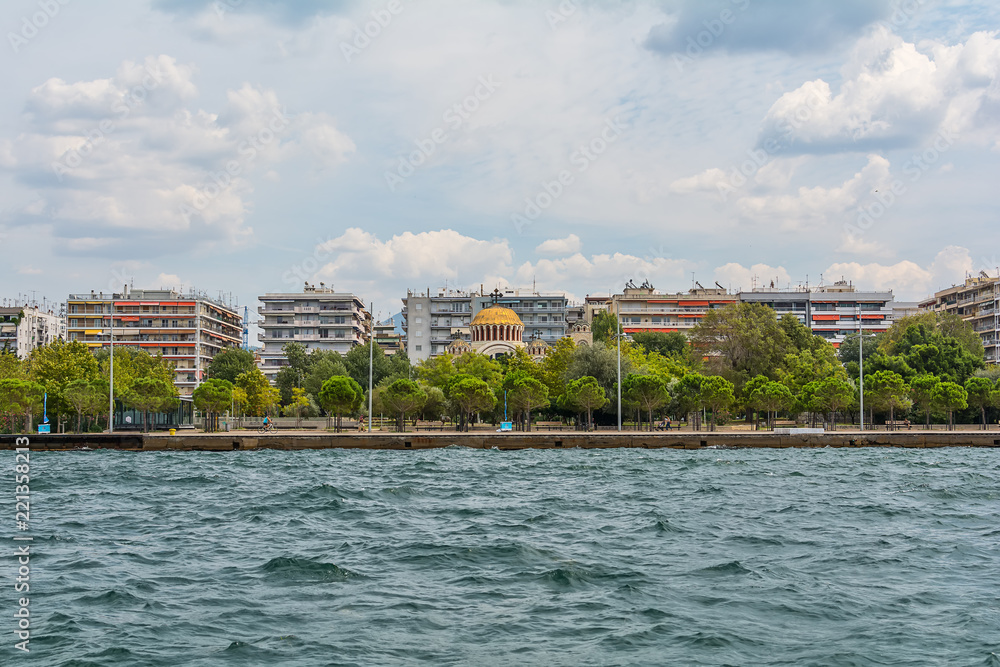 Thessaloniki, Greece - August 16, 2018: View of Thessaloniki from the sea and Church of Saints Cyril and Methodius