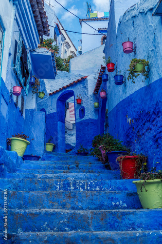 Blue staircase and flowerpots, Chefchaouen medina in Morocco © Jonatan