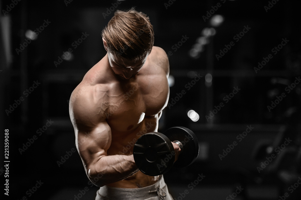 sexy strong bodybuilder athletic men pumping up muscles with dumbbells sexy strong bodybuilder athletic men pumping up muscles with dumbbells