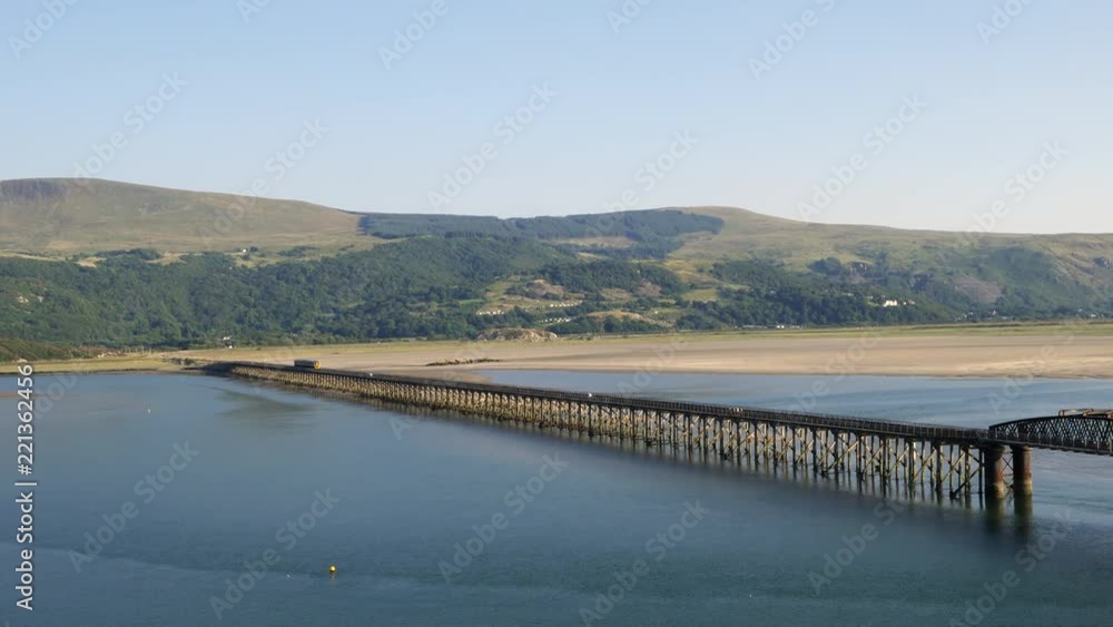 The rail and footbridge over the Mawddach estuary Barmouth Gwynedd North Wales The rail and footbridge over the Mawddach estuary Barmouth Gwynedd North Wales