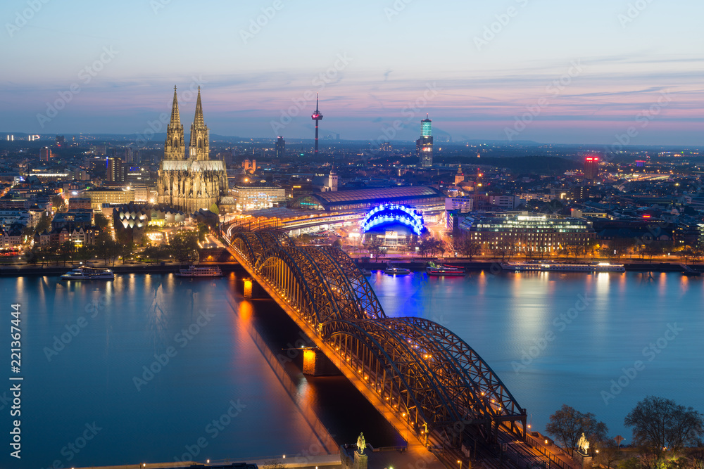 Image of Cologne with Cologne Cathedral during twilight blue hour in