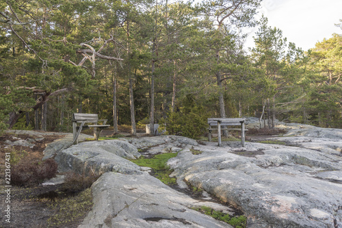 Klippbadet med bänkar och bord längst ut på Ingarö i Stockholms skärgård photo