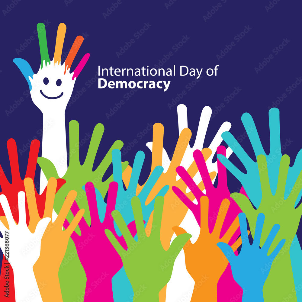 international day of democracy with colorful hands , creative and cute - obrazy, fototapety, plakaty 