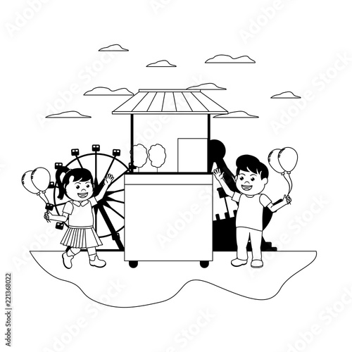 line happy children buying carnival shop