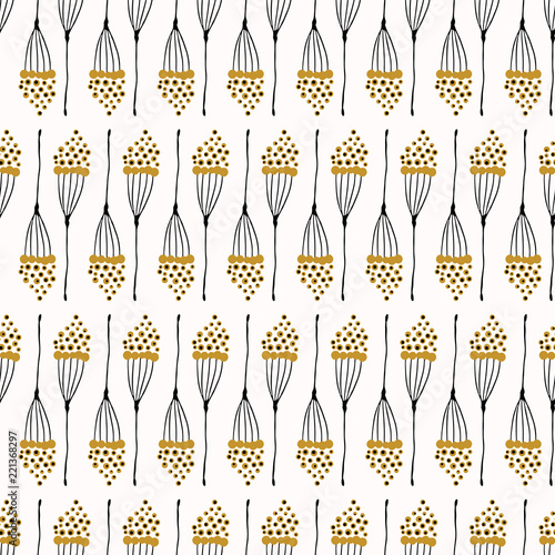 Hanging Seedpod Branch Vector Pattern, Drawn Seamless Background for Fall Fashion Prints, Retro Wallpaper, Nature Scrapbook, Vintage Garden Gift Wrap, Trendy Seed Packaging, Natural Foraging Texture
