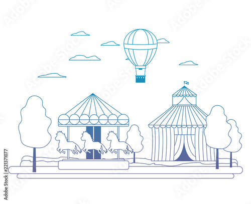 degraded line circus and mechanical horse ride with air balloon