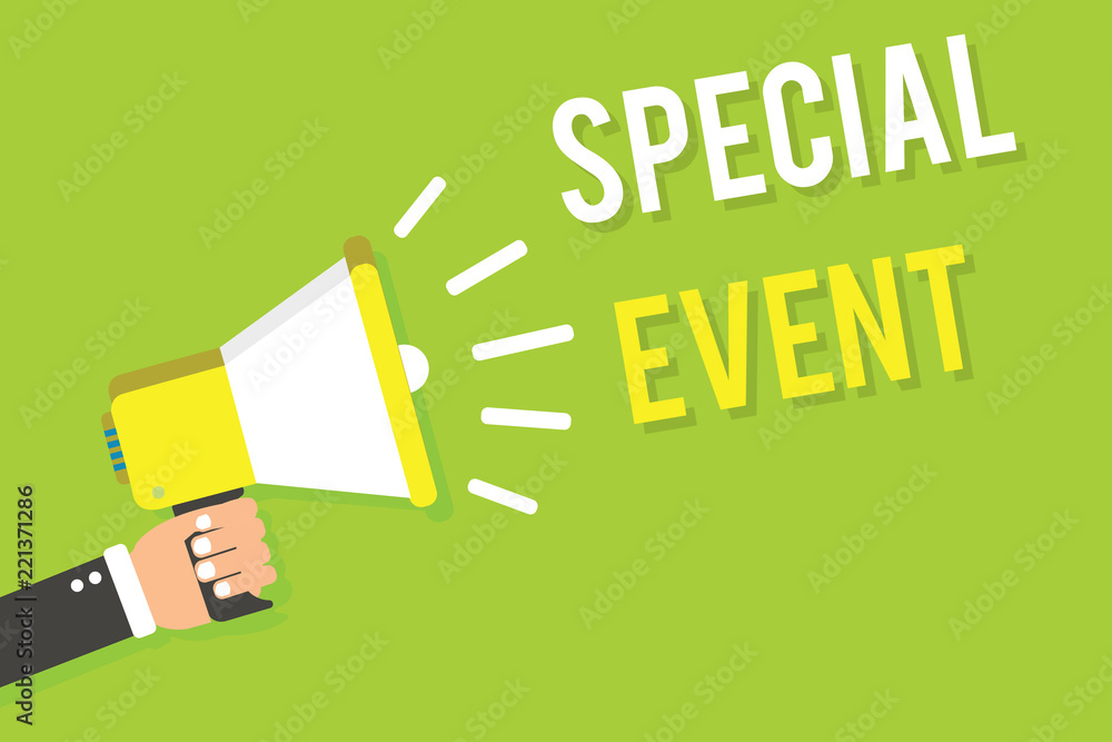Conceptual hand writing showing Special Event. Business photo text Function to generate money for non profit a Crowded Occassion Man holding megaphone loudspeaker green background speaking loud Conceptual hand writing showing Special Event. Business photo text Function to generate money for non profit a Crowded Occassion Man holding megaphone loudspeaker green background speaking loud