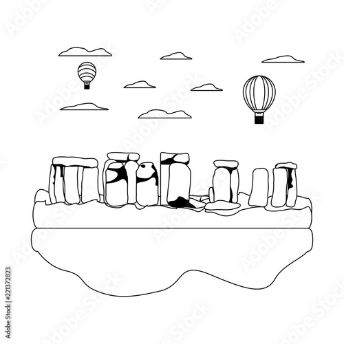 line classical stonehenge sculpture and air balloons