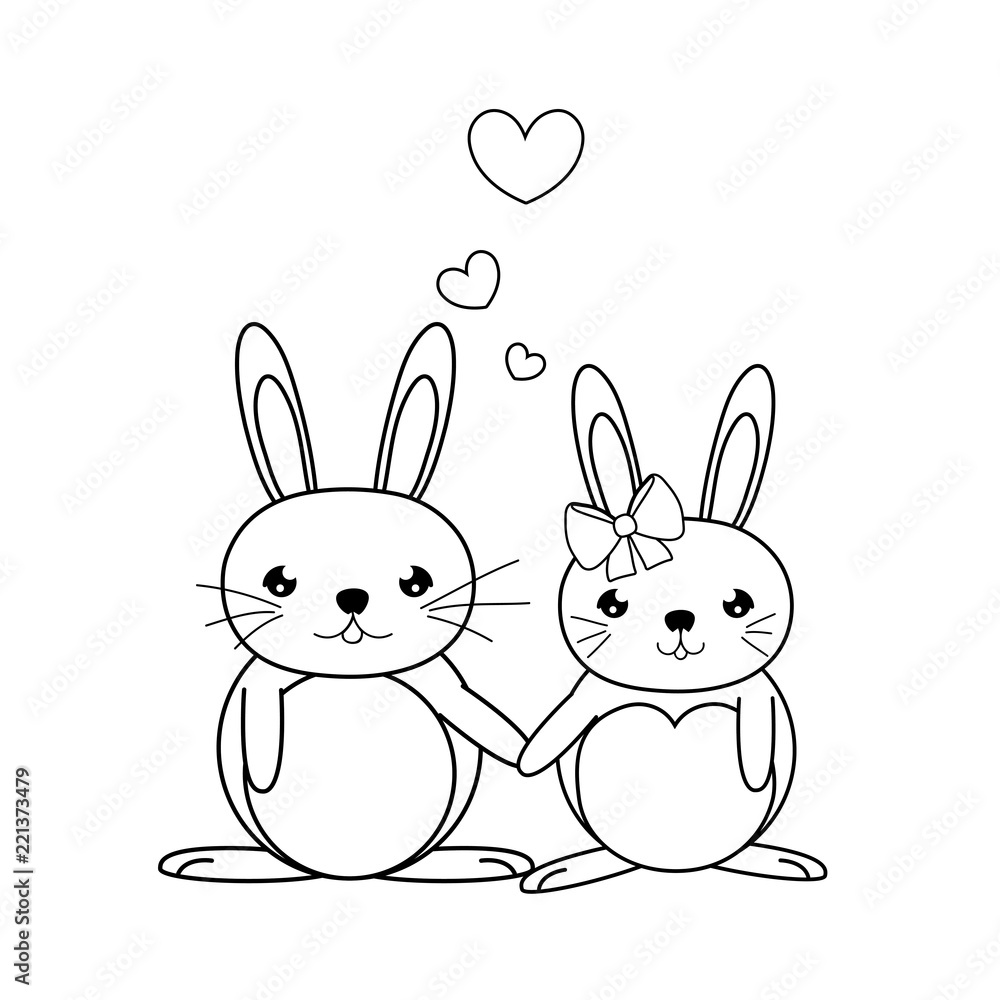 line cute couple rabbit animal with hearts Stock Vector | Adobe Stock