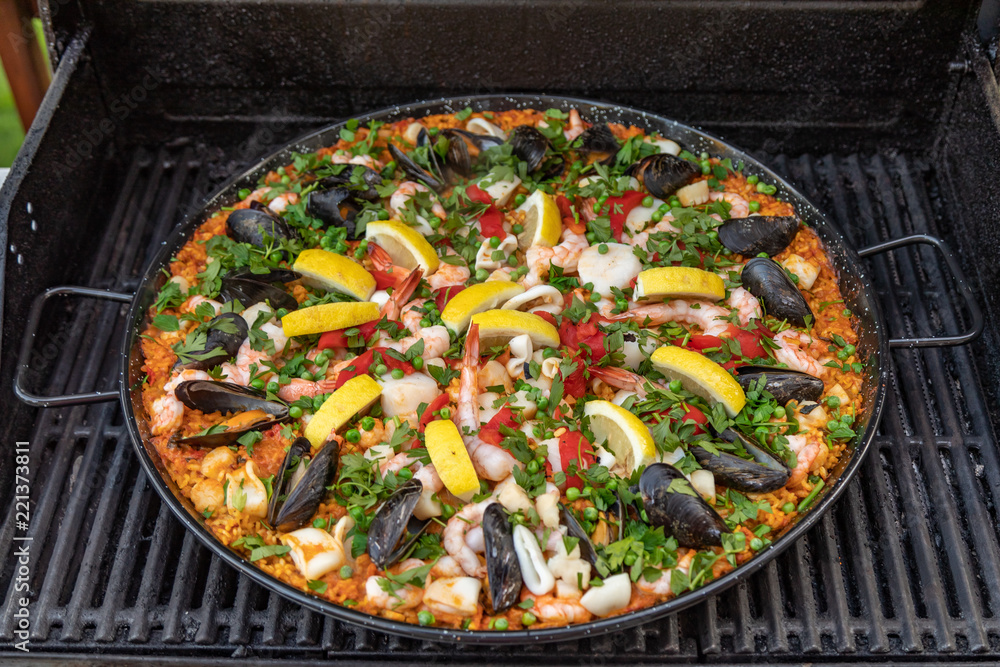 Grilled Seafood Paella With Mussels, Shrimp, Scallops, Chicken, Chorizo