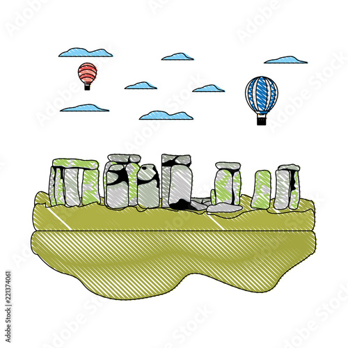 doodle classical stonehenge sculpture and air balloons