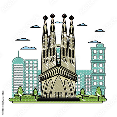 doodle sagrada familia tower and nice cityscape