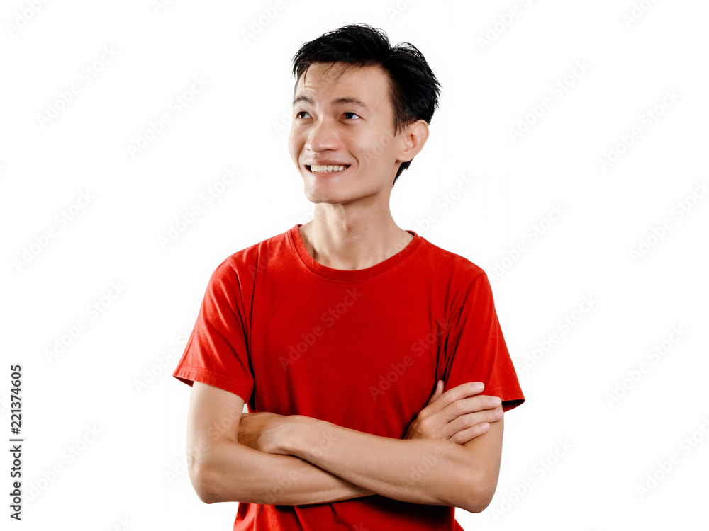 Headshot man happy on white background. Asians wear red short sleeves. Headshot man happy on white background. Asians wear red short sleeves.