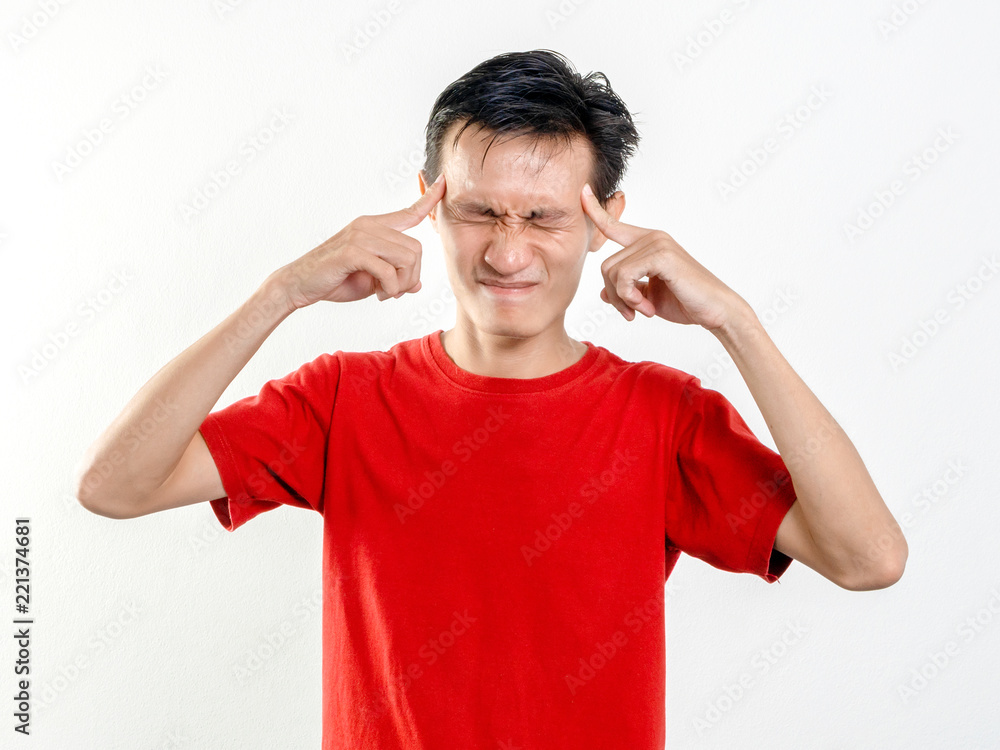 Headshot man think on white background, Asians wear red short sleeves. Headshot man think on white background, Asians wear red short sleeves.