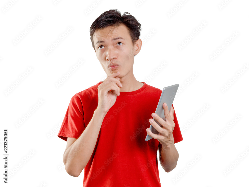 Headshot man using tablet serious on white background. Headshot man using tablet serious on white background.