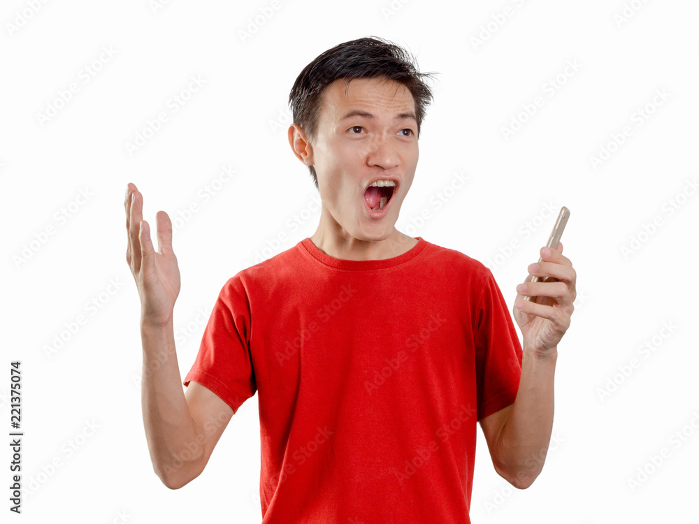 Headshot man using mobile Asian thai person stand alone in studio white background. Headshot man using mobile Asian thai person stand alone in studio white background.