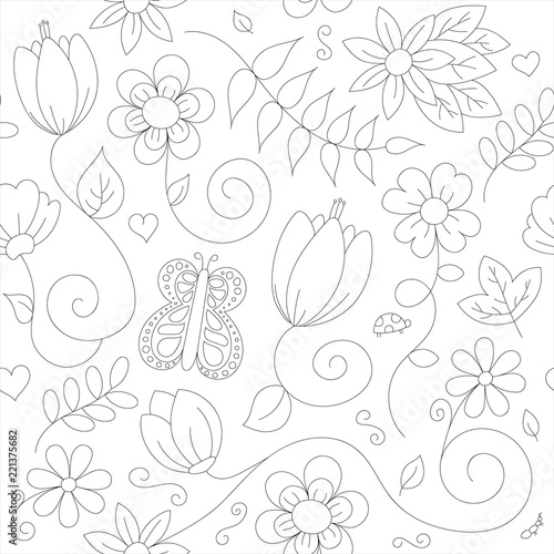 Adult Coloring Seamless Floral Pattern 