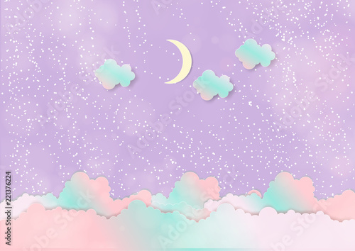 Merry Christmas card. Clouds with sky and crescent moon snow. pastel style.