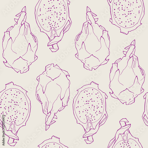 Vector hand drawn abstract tropical light beige seamless pattern of exotic fruit pitaya. Dragon fruit illustration. Bright pitahaya desert abstract drawing. Tropical vegeterian food design element.