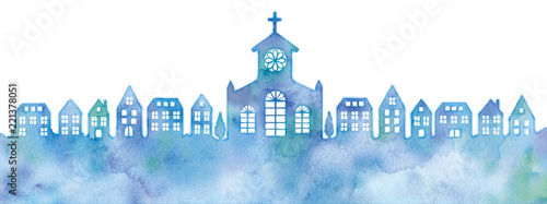 街並みと教会のシルエットのイラスト