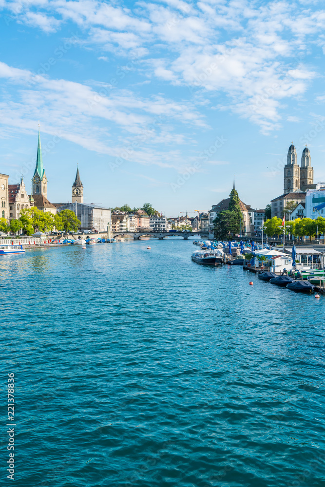 Zurich city center with famous Fraumunster and Grossmunster Churches and river Limmat