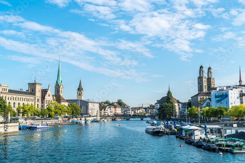 Zurich city center with famous Fraumunster and Grossmunster Churches and river Limmat