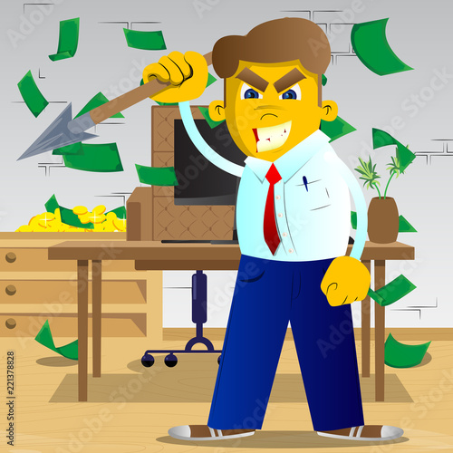 Yellow man holding spear in his hand. Vector cartoon illustration.