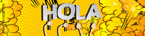 Diverse hands holding letters of the alphabet created the word Hola (hello in spanish). Vector illustration.