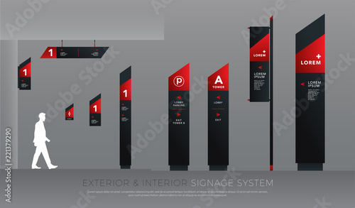 exterior and interior signage concept. direction, pole, wall mount and traffic signage system design template set. empty space for logo, text, black and red corporate identity