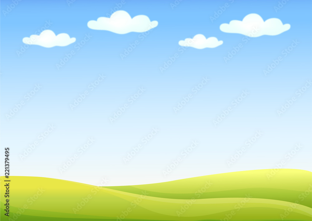 Background Nature landscape with sky, hills and grass on foreground.