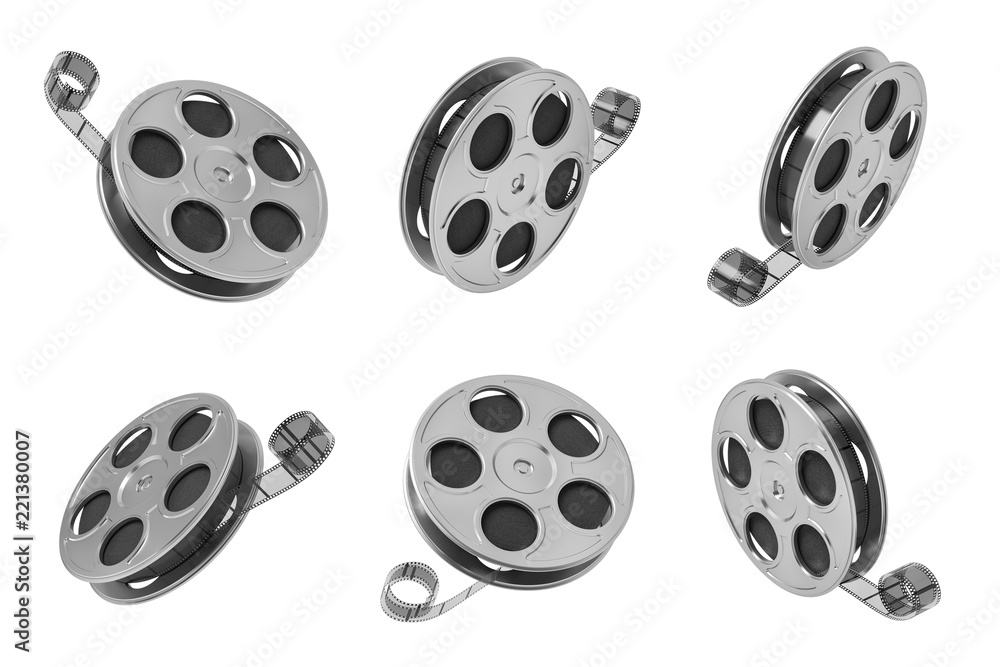 3d rendering of six black movie tape reels in different angles on white background.
