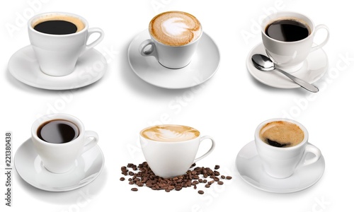 Various cups with hot coffee, isolated on white background