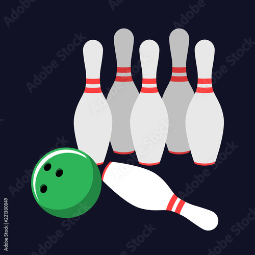 Set for bowling with a ball and skittles on a dark background.