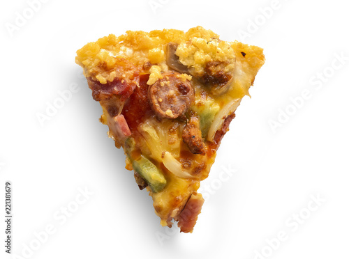 Pieces of pizza isolated on a white background, top view shoot