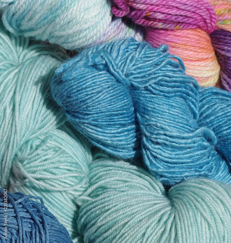 Skeins of yarn in various colors