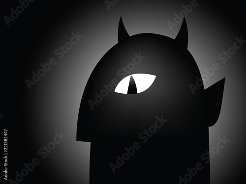 A shadowy,spooky devil character face peering with a clear eye through the darkness,