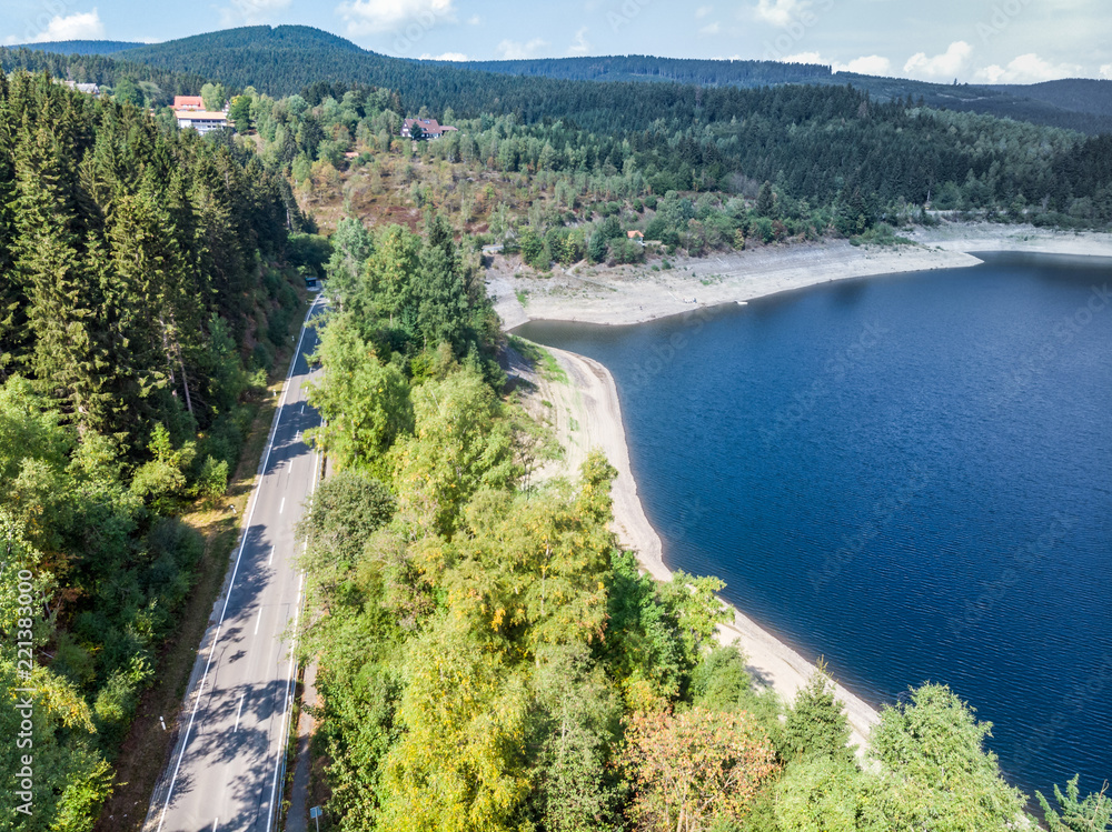 Aerial photograph of the Okertalsperre (dam) in the Oberharz between Clausthal-Zellerfeld and Goslar, taken with the drone