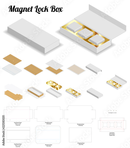 magnet lock rigid box 3d mockup with dieline