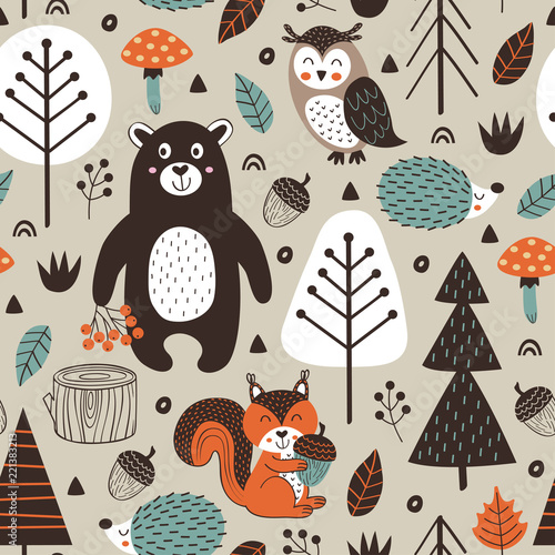 seamless pattern with forest animals on beige background Scandinavian style - vector illustration, eps