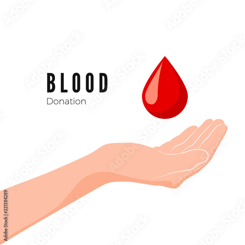 Blood Donation Concept. World blood donor day. Hand and red drop symbol of volunteer blood donation. Vector illustration isolated on white background