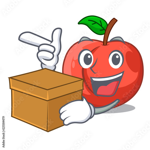 With box nectarines cartoon with green leaves character